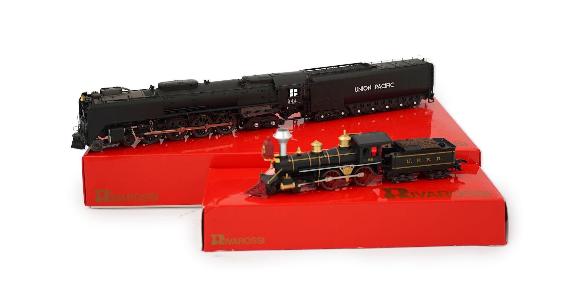 Two boxed HO gauge Rivarossi Union Pacific models; (5429) 844, 4-8-4 FEF3 tender locomotive, together with (5423) 66, 4-4-0 American tender locomotive, both powered for two rail operation.